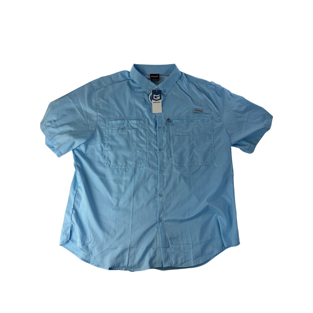Gradual Button Up Shirt Mens XXL Short Sleeve UPF 50+ Vent Ripstop Blue Fish NWT